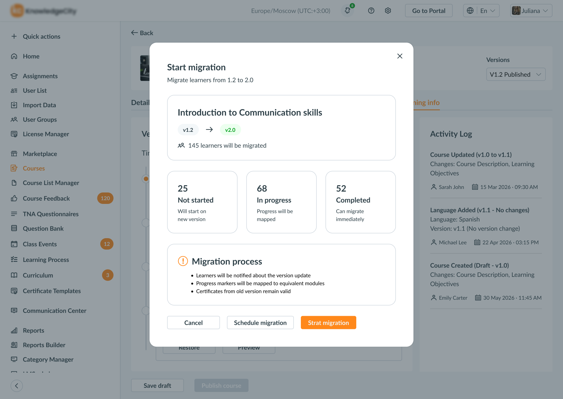 Admin screen for starting the bulk learner-migration flow for a course.